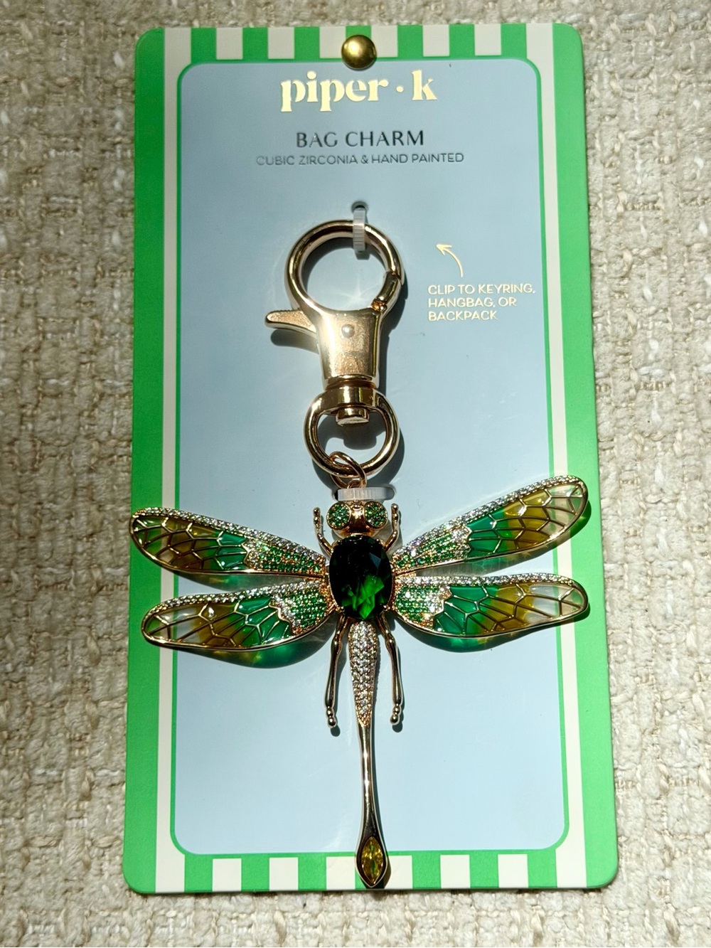 Piper K Dragonfly Bag Charm Key Chain Gold Tone Green Crystal CZ Cottagecore New